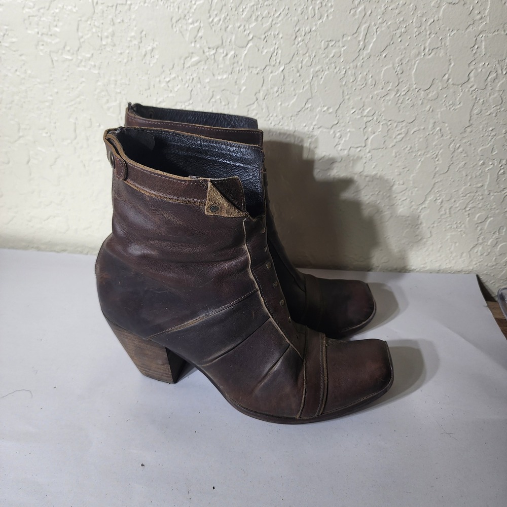 Ginitia Brown Leather Square Toe Ankle Boots Studded Rear Zip Steampunk Size 40